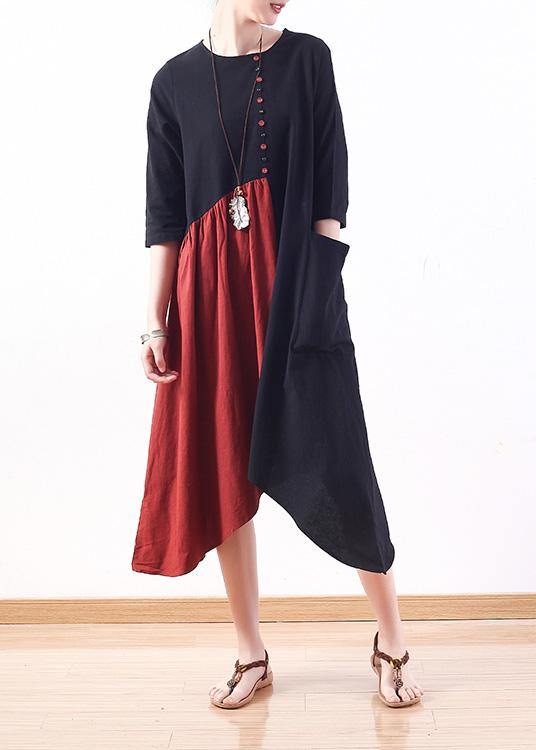Natural patchwork cotton dresses Wardrobes black bracelet sleeved Plus Size Dress summer - bagstylebliss