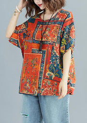 Natural prints cotton tunic pattern o neck short sleeve linen daily summer blouse - bagstylebliss