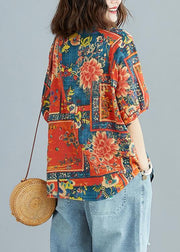 Natural prints cotton tunic pattern o neck short sleeve linen daily summer blouse - bagstylebliss