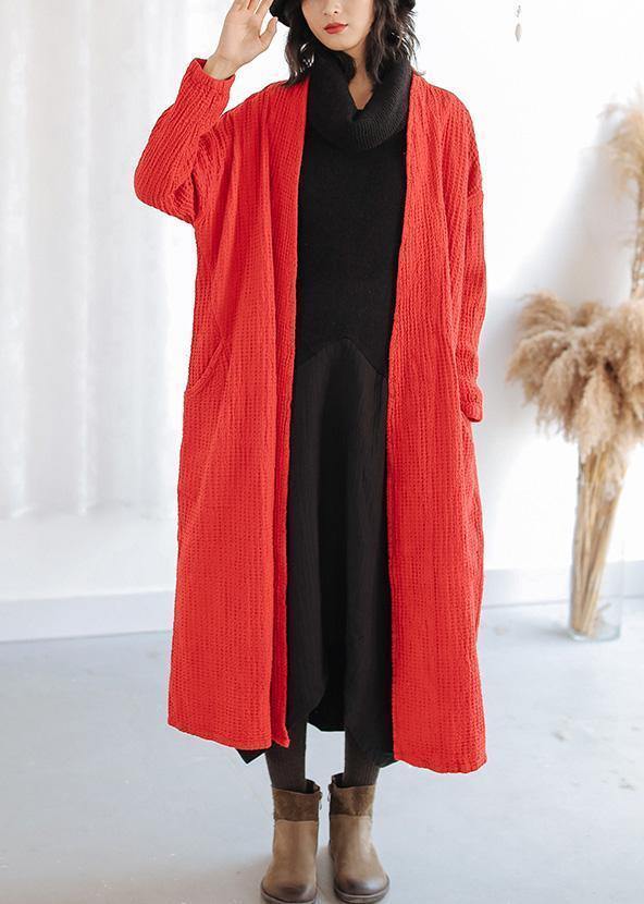 Natural red Plus Size trench coat Outfits pockets fall women coats - bagstylebliss