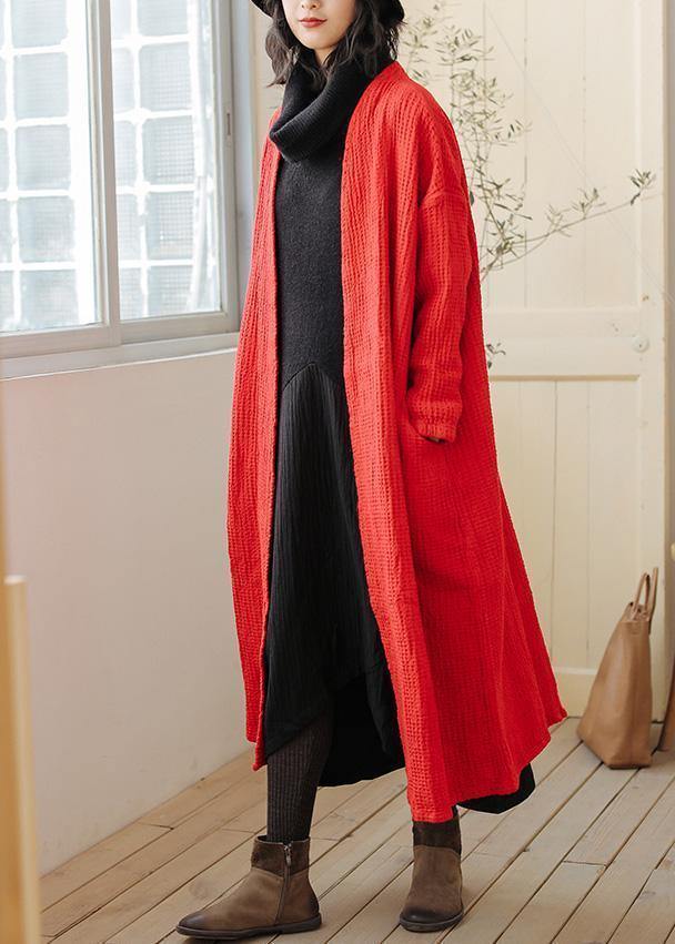 Natural red Plus Size trench coat Outfits pockets fall women coats - bagstylebliss