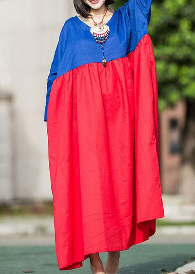 Natural red blue linen Robes patchwork o neck Plus Size summer Dresses - bagstylebliss