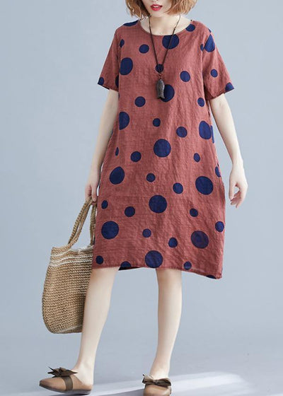 Natural red dotted Cotton dress o neck pockets shift Dres - bagstylebliss