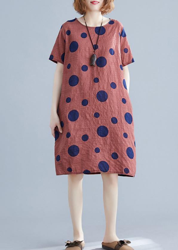 Natural red dotted Cotton dress o neck pockets shift Dres - bagstylebliss
