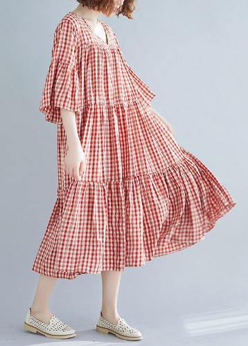 Natural red plaid cotton Long Shirts v neck Cinched Robe summer Dresses - bagstylebliss