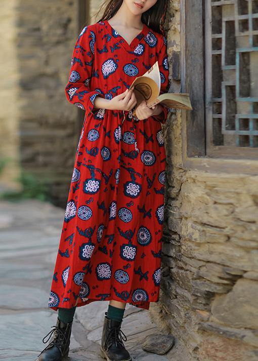 Natural red print cotton Soft Surroundings v neck drawstring Love summer Dresses - bagstylebliss