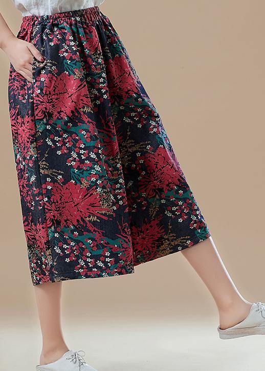 Natural red print cotton for women Fitted Catwalk Robe elastic waist wide leg pants - bagstylebliss