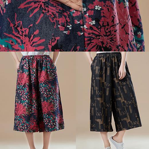 Natural red print cotton for women Fitted Catwalk Robe elastic waist wide leg pants - bagstylebliss