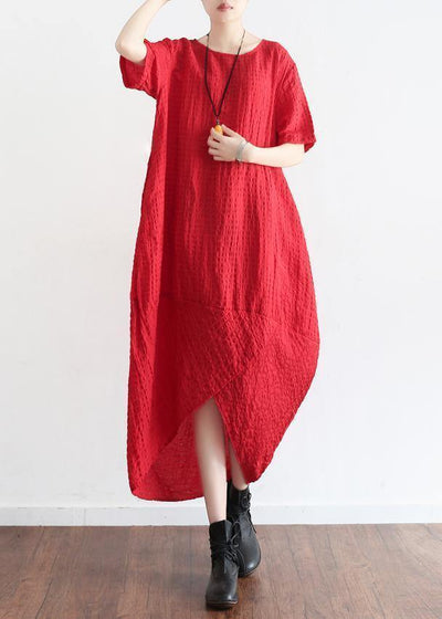 Natural short sleeve linen clothes Tutorials red plaid Dress summer - bagstylebliss