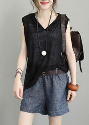 Natural sleeveless cotton clothes For Women hooded oversized black blouses - bagstylebliss