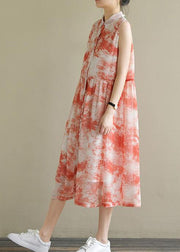 Natural sleeveless Cinched chiffon Women Casual Sewing red print Robe Dress Summer - bagstylebliss