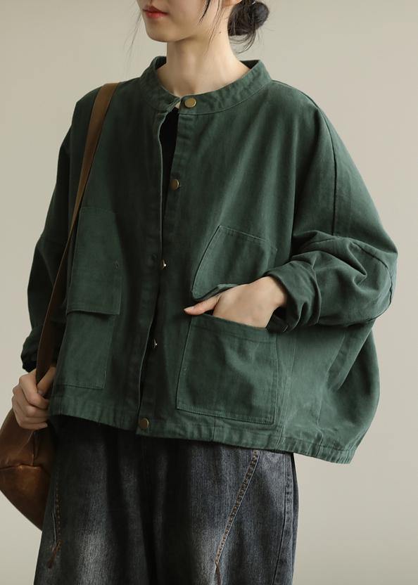 Natural stand collar Button Down Fine tunic coat green box jackets - bagstylebliss