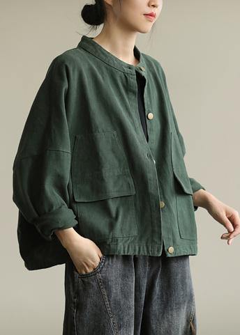 Natural stand collar Button Down Fine tunic coat green box jackets - bagstylebliss