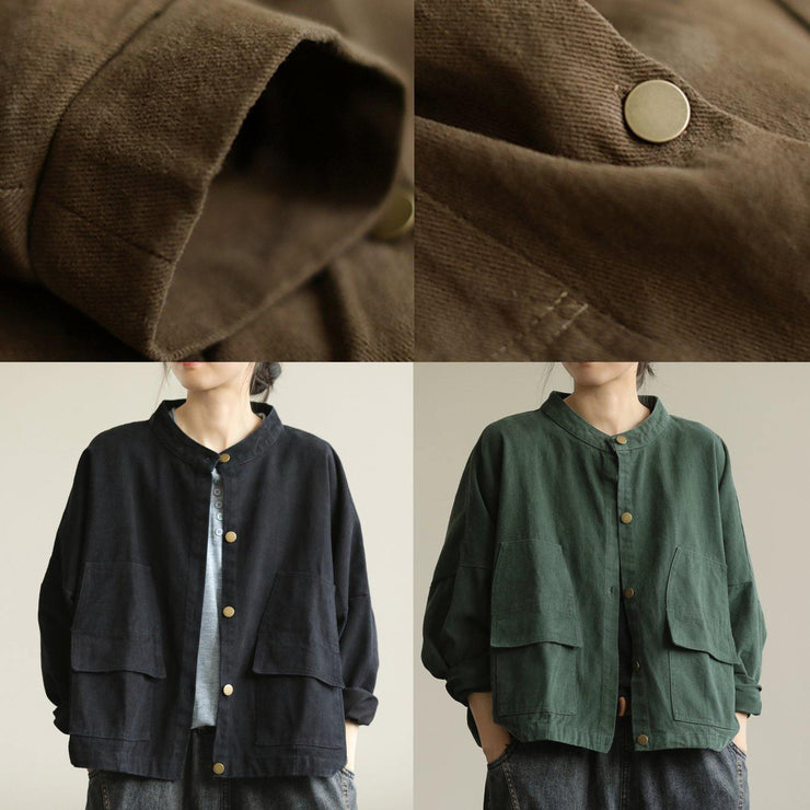 Natural stand collar Button Down Fine tunic coat green box jackets - bagstylebliss