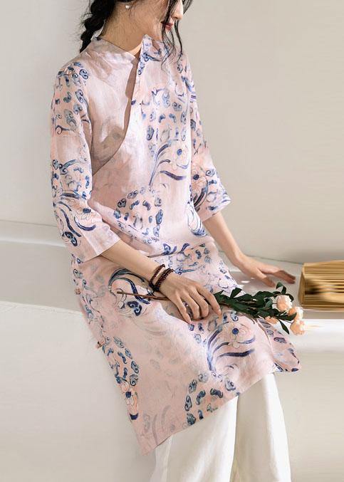 Natural stand collar Chinese Button linen summer dresses Work Outfits pink print Dress - bagstylebliss