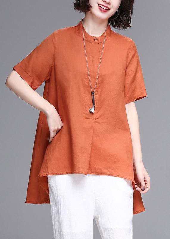 Natural stand collar asymmetric linen cotton box top orange box shirts summer - bagstylebliss