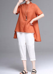 Natural stand collar asymmetric linen cotton box top orange box shirts summer - bagstylebliss