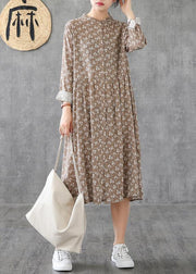 Natural stand collar patchwork cotton linen dresses Sleeve khaki print Dress - bagstylebliss
