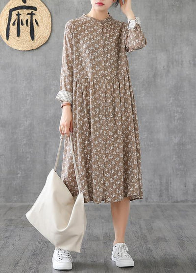 Natural stand collar patchwork cotton linen dresses Sleeve khaki print Dress - bagstylebliss