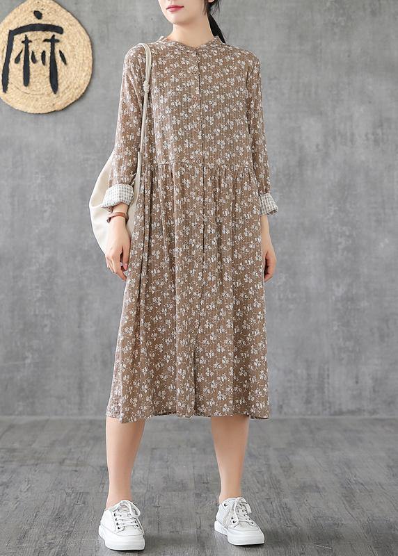 Natural stand collar patchwork cotton linen dresses Sleeve khaki print Dress - bagstylebliss