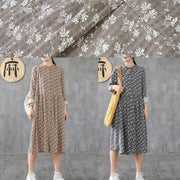 Natural stand collar patchwork cotton linen dresses Sleeve khaki print Dress - bagstylebliss