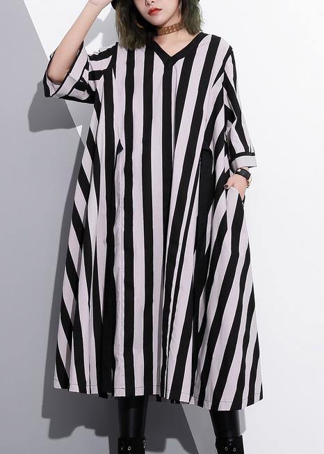 Natural striped cotton Tunics v neck summer Dress - bagstylebliss