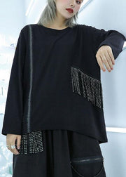 Natural tassel cotton clothes pattern black pullover fall - bagstylebliss