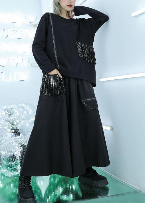 Natural tassel cotton clothes pattern black pullover fall - bagstylebliss