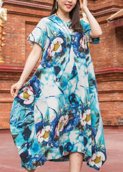 Natural v neck asymmetric cotton quilting Outfits light blue print Maxi Dress summer - bagstylebliss