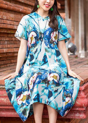 Natural v neck asymmetric cotton quilting Outfits light blue print Maxi Dress summer - bagstylebliss