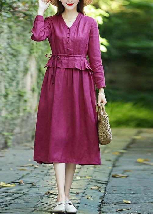 Natural v neck drawstring spring clothes Women Catwalk burgundy Dresses - bagstylebliss