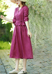 Natural v neck drawstring spring clothes Women Catwalk burgundy Dresses - bagstylebliss