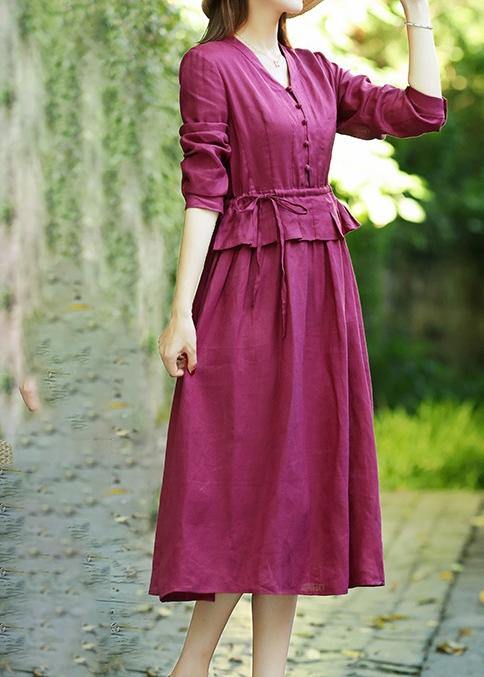 Natural v neck drawstring spring clothes Women Catwalk burgundy Dresses - bagstylebliss