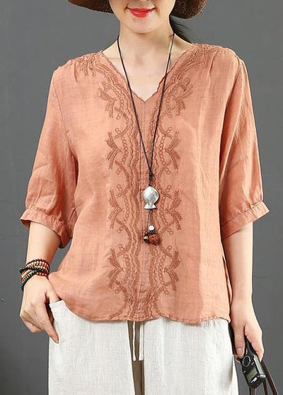 Natural v neck embroidery linen clothes For Women Sleeve orange blouses - bagstylebliss