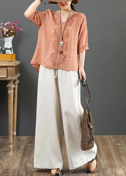 Natural v neck embroidery linen clothes For Women Sleeve orange blouses - bagstylebliss