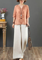 Natural v neck embroidery linen clothes For Women Sleeve orange blouses - bagstylebliss