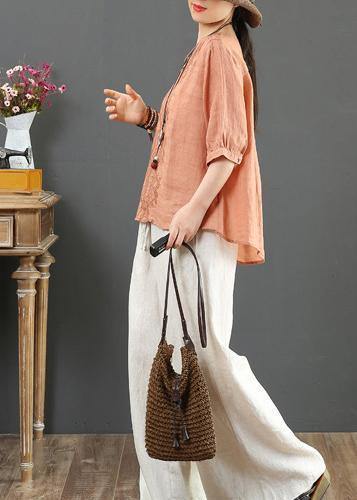 Natural v neck embroidery linen clothes For Women Sleeve orange blouses - bagstylebliss