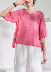 Natural v neck half sleeve linen summerclothes For Women pink print blouse - bagstylebliss