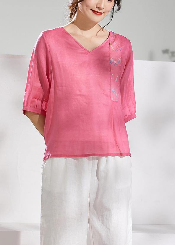 Natural v neck half sleeve linen summerclothes For Women pink print blouse - bagstylebliss