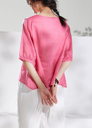 Natural v neck half sleeve linen summerclothes For Women pink print blouse - bagstylebliss