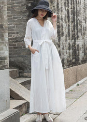 Natural v neck linen clothes For Women Outfits white Dress fall - bagstylebliss