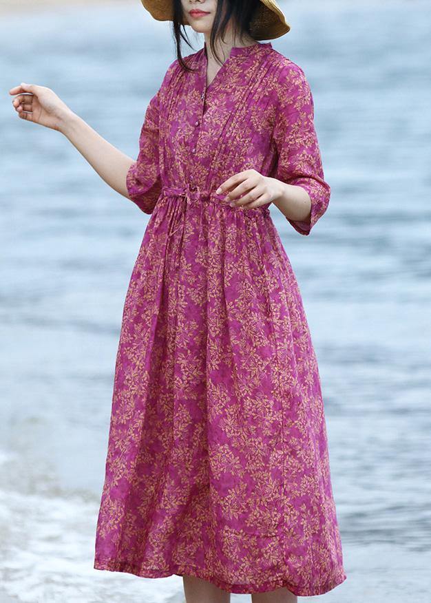 Natural v neck linen tie waist Wardrobes Shirts purple Dress - bagstylebliss