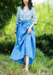 Natural v neck patchwork linen summer Long Shirts pattern blue Dresses - bagstylebliss