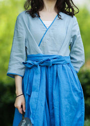 Natural v neck patchwork linen summer Long Shirts pattern blue Dresses - bagstylebliss