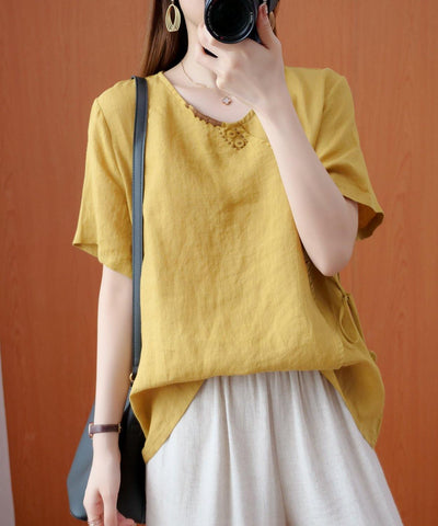 Natural v neck tie waist tops women blouses Christmas Gifts yellow embroidery shirts - bagstylebliss