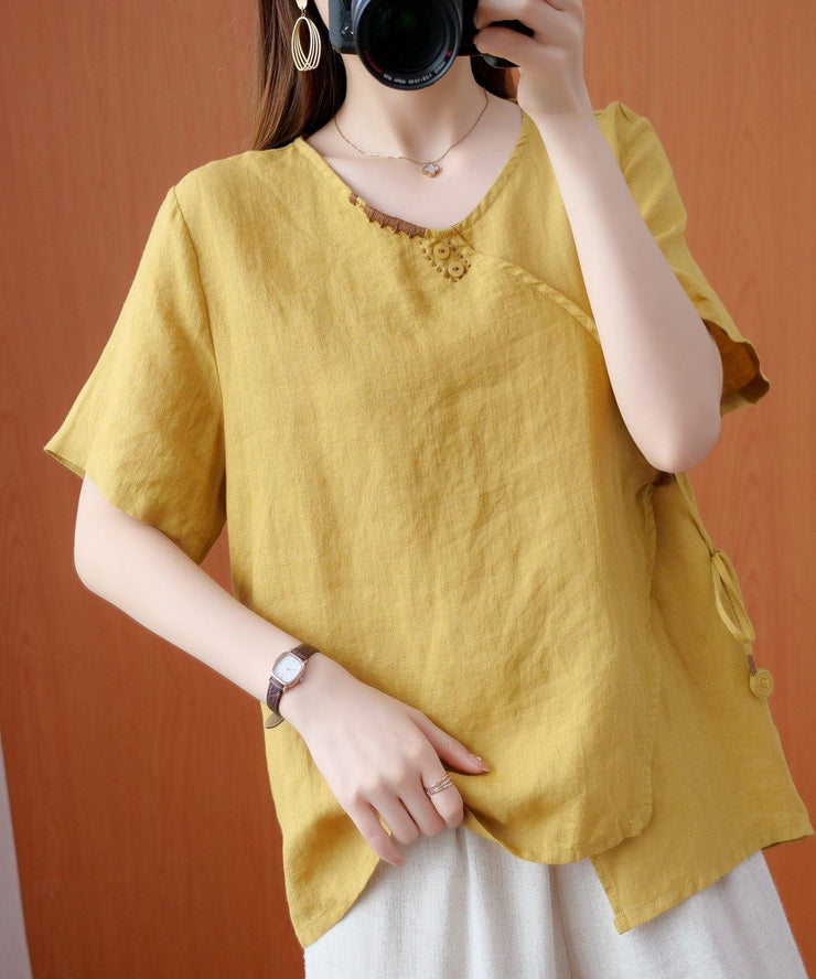 Natural v neck tie waist tops women blouses Christmas Gifts yellow embroidery shirts - bagstylebliss