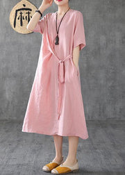 Natural v neck tunic linen dresses Fashion Ideas pink Dress summer - bagstylebliss