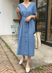 Natural v neck Cinched clothes Sewing blue Robe Dress - bagstylebliss