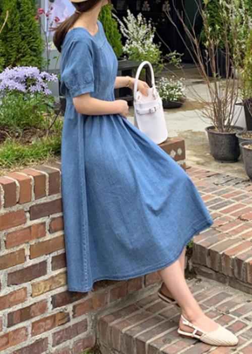 Natural v neck Cinched clothes Sewing blue Robe Dress - bagstylebliss