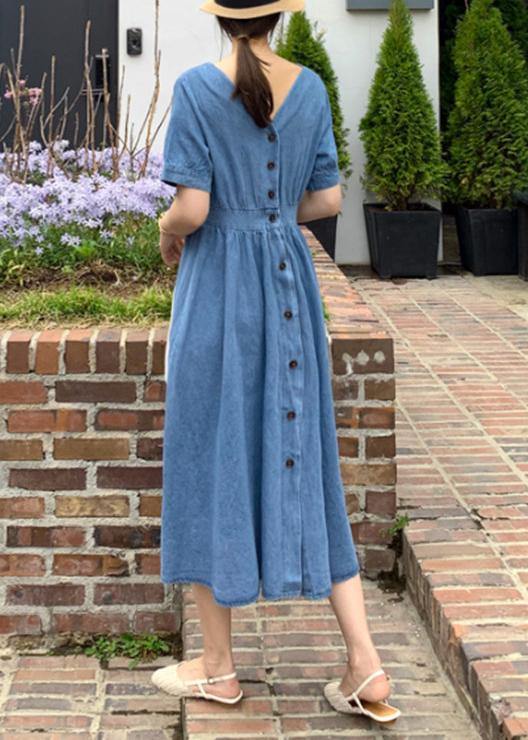 Natural v neck Cinched clothes Sewing blue Robe Dress - bagstylebliss